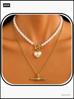Layered Pearl T Bar Necklace Gold Heart Pendant Women's Trendy Jewelry